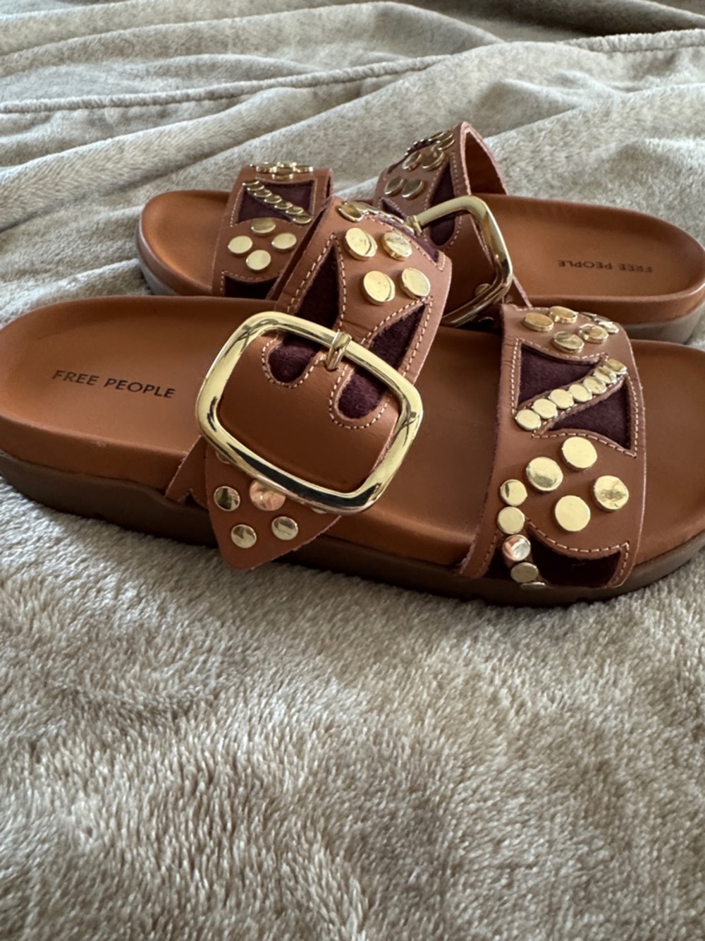 Free People Brown Leather Slide Sandals with Gold Studs - Picture 8 of 11